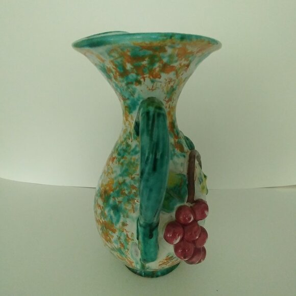 Vintage Italian Sponge Painted Pitcher / Vase 3D Grapes Motif Greens Yellows - Picture 5 of 12